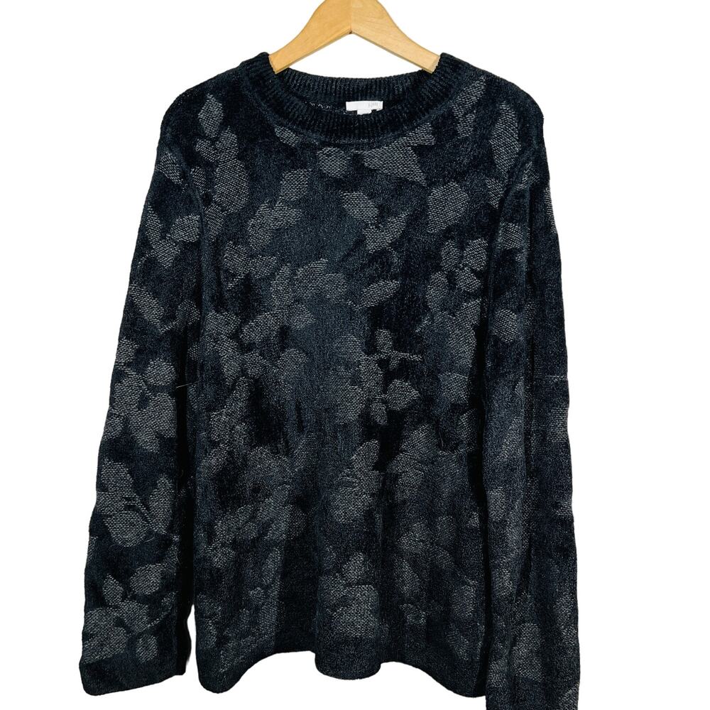 J Jill Heavy Crewneck Sweater Loose Fit Floral Knit Casual Black Silk Wool - XL
